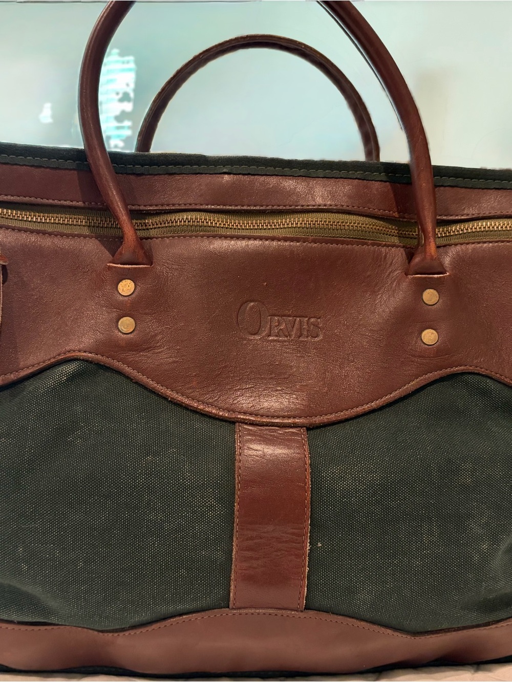 Orvis Brown Leather and Green Canvas Travel Bag